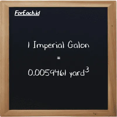 1 Imperial Galon setara dengan 0.0059461 yard<sup>3</sup> (1 imp gal setara dengan 0.0059461 yd<sup>3</sup>)