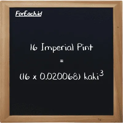Cara konversi Imperial Pint ke kaki<sup>3</sup> (imp pt ke ft<sup>3</sup>): 16 Imperial Pint (imp pt) setara dengan 16 dikalikan dengan 0.020068 kaki<sup>3</sup> (ft<sup>3</sup>)