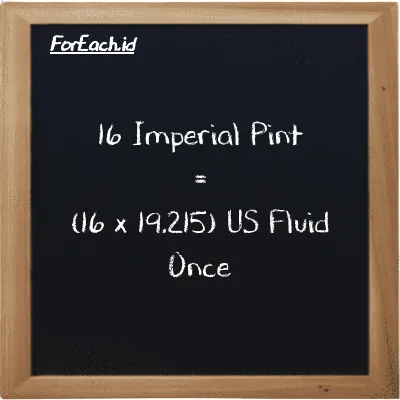Cara konversi Imperial Pint ke US Fluid Once (imp pt ke fl oz): 16 Imperial Pint (imp pt) setara dengan 16 dikalikan dengan 19.215 US Fluid Once (fl oz)