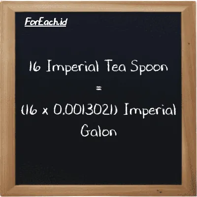 Cara konversi Imperial Tea Spoon ke Imperial Galon (imp tsp ke imp gal): 16 Imperial Tea Spoon (imp tsp) setara dengan 16 dikalikan dengan 0.0013021 Imperial Galon (imp gal)