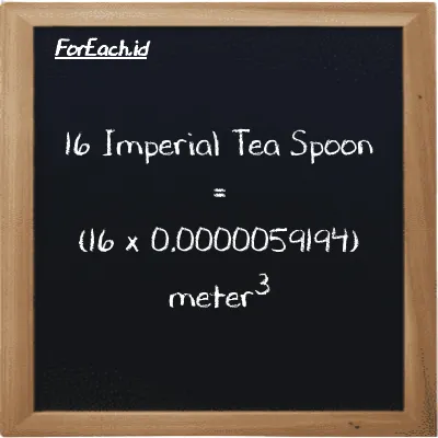 Cara konversi Imperial Tea Spoon ke meter<sup>3</sup> (imp tsp ke m<sup>3</sup>): 16 Imperial Tea Spoon (imp tsp) setara dengan 16 dikalikan dengan 0.0000059194 meter<sup>3</sup> (m<sup>3</sup>)