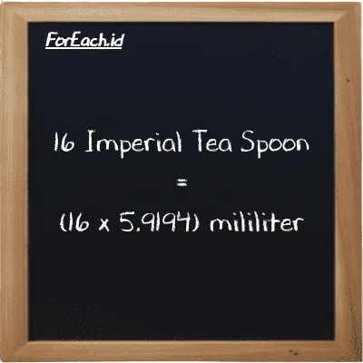 Cara konversi Imperial Tea Spoon ke mililiter (imp tsp ke ml): 16 Imperial Tea Spoon (imp tsp) setara dengan 16 dikalikan dengan 5.9194 mililiter (ml)