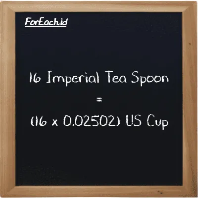 Cara konversi Imperial Tea Spoon ke US Cup (imp tsp ke c): 16 Imperial Tea Spoon (imp tsp) setara dengan 16 dikalikan dengan 0.02502 US Cup (c)