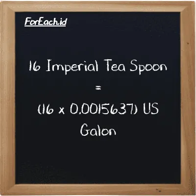 Cara konversi Imperial Tea Spoon ke US Galon (imp tsp ke gal): 16 Imperial Tea Spoon (imp tsp) setara dengan 16 dikalikan dengan 0.0015637 US Galon (gal)