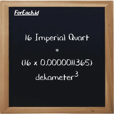 Cara konversi Imperial Quart ke dekameter<sup>3</sup> (imp qt ke dam<sup>3</sup>): 16 Imperial Quart (imp qt) setara dengan 16 dikalikan dengan 0.0000011365 dekameter<sup>3</sup> (dam<sup>3</sup>)