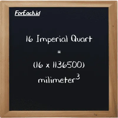 Cara konversi Imperial Quart ke milimeter<sup>3</sup> (imp qt ke mm<sup>3</sup>): 16 Imperial Quart (imp qt) setara dengan 16 dikalikan dengan 1136500 milimeter<sup>3</sup> (mm<sup>3</sup>)