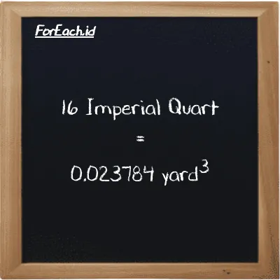 16 Imperial Quart setara dengan 0.023784 yard<sup>3</sup> (16 imp qt setara dengan 0.023784 yd<sup>3</sup>)