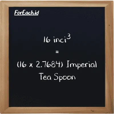 Cara konversi inci<sup>3</sup> ke Imperial Tea Spoon (in<sup>3</sup> ke imp tsp): 16 inci<sup>3</sup> (in<sup>3</sup>) setara dengan 16 dikalikan dengan 2.7684 Imperial Tea Spoon (imp tsp)