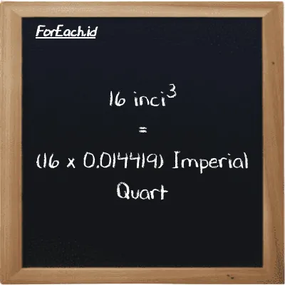 Cara konversi inci<sup>3</sup> ke Imperial Quart (in<sup>3</sup> ke imp qt): 16 inci<sup>3</sup> (in<sup>3</sup>) setara dengan 16 dikalikan dengan 0.014419 Imperial Quart (imp qt)
