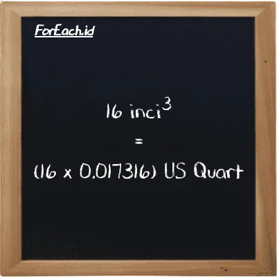Cara konversi inci<sup>3</sup> ke US Quart (in<sup>3</sup> ke qt): 16 inci<sup>3</sup> (in<sup>3</sup>) setara dengan 16 dikalikan dengan 0.017316 US Quart (qt)