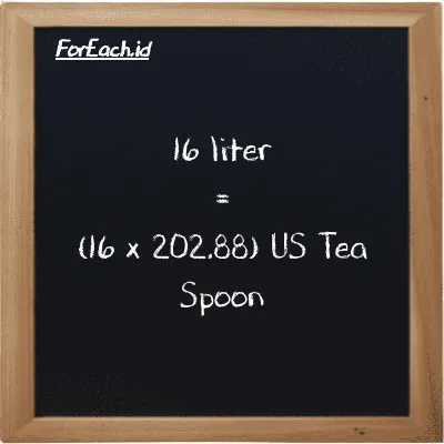 Cara konversi liter ke US Tea Spoon (l ke tsp): 16 liter (l) setara dengan 16 dikalikan dengan 202.88 US Tea Spoon (tsp)