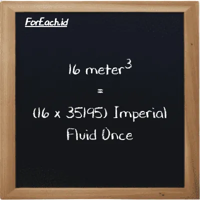 Cara konversi meter<sup>3</sup> ke Imperial Fluid Once (m<sup>3</sup> ke imp fl oz): 16 meter<sup>3</sup> (m<sup>3</sup>) setara dengan 16 dikalikan dengan 35195 Imperial Fluid Once (imp fl oz)