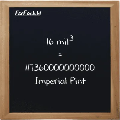 16 mil<sup>3</sup> setara dengan 117360000000000 Imperial Pint (16 mi<sup>3</sup> setara dengan 117360000000000 imp pt)