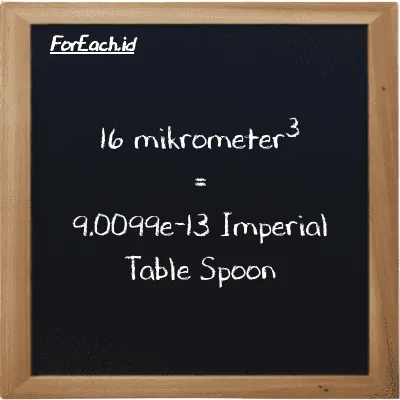 16 mikrometer<sup>3</sup> setara dengan 9.0099e-13 Imperial Table Spoon (16 µm<sup>3</sup> setara dengan 9.0099e-13 imp tbsp)