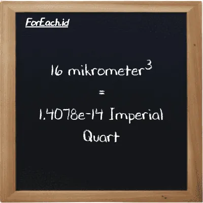16 mikrometer<sup>3</sup> setara dengan 1.4078e-14 Imperial Quart (16 µm<sup>3</sup> setara dengan 1.4078e-14 imp qt)