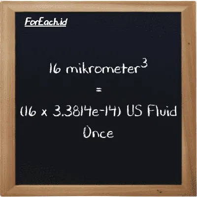 Cara konversi mikrometer<sup>3</sup> ke US Fluid Once (µm<sup>3</sup> ke fl oz): 16 mikrometer<sup>3</sup> (µm<sup>3</sup>) setara dengan 16 dikalikan dengan 3.3814e-14 US Fluid Once (fl oz)