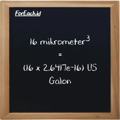 Cara konversi mikrometer<sup>3</sup> ke US Galon (µm<sup>3</sup> ke gal): 16 mikrometer<sup>3</sup> (µm<sup>3</sup>) setara dengan 16 dikalikan dengan 2.6417e-16 US Galon (gal)