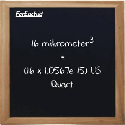 Cara konversi mikrometer<sup>3</sup> ke US Quart (µm<sup>3</sup> ke qt): 16 mikrometer<sup>3</sup> (µm<sup>3</sup>) setara dengan 16 dikalikan dengan 1.0567e-15 US Quart (qt)