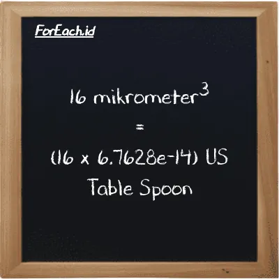 Cara konversi mikrometer<sup>3</sup> ke US Table Spoon (µm<sup>3</sup> ke tbsp): 16 mikrometer<sup>3</sup> (µm<sup>3</sup>) setara dengan 16 dikalikan dengan 6.7628e-14 US Table Spoon (tbsp)