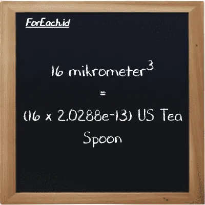 Cara konversi mikrometer<sup>3</sup> ke US Tea Spoon (µm<sup>3</sup> ke tsp): 16 mikrometer<sup>3</sup> (µm<sup>3</sup>) setara dengan 16 dikalikan dengan 2.0288e-13 US Tea Spoon (tsp)