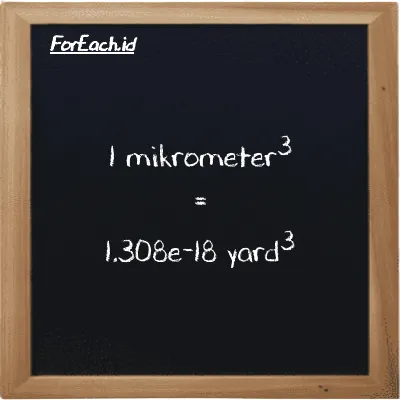 1 mikrometer<sup>3</sup> setara dengan 1.308e-18 yard<sup>3</sup> (1 µm<sup>3</sup> setara dengan 1.308e-18 yd<sup>3</sup>)