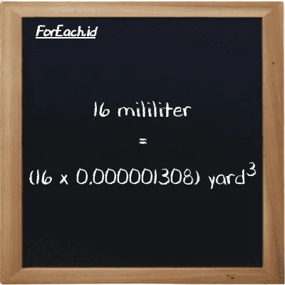 Cara konversi mililiter ke yard<sup>3</sup> (ml ke yd<sup>3</sup>): 16 mililiter (ml) setara dengan 16 dikalikan dengan 0.000001308 yard<sup>3</sup> (yd<sup>3</sup>)