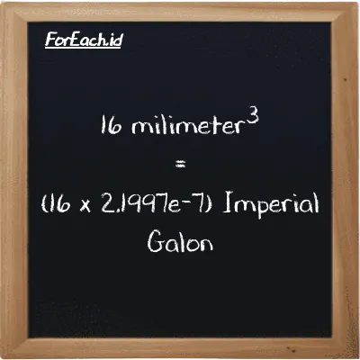 Cara konversi milimeter<sup>3</sup> ke Imperial Galon (mm<sup>3</sup> ke imp gal): 16 milimeter<sup>3</sup> (mm<sup>3</sup>) setara dengan 16 dikalikan dengan 2.1997e-7 Imperial Galon (imp gal)