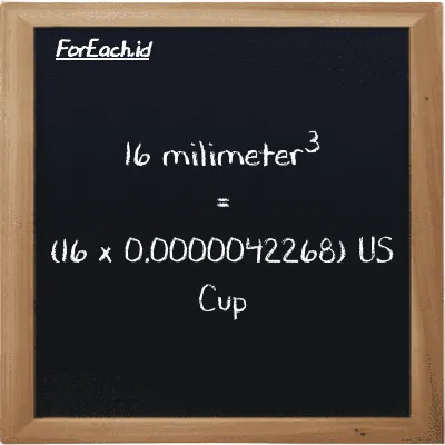 Cara konversi milimeter<sup>3</sup> ke US Cup (mm<sup>3</sup> ke c): 16 milimeter<sup>3</sup> (mm<sup>3</sup>) setara dengan 16 dikalikan dengan 0.0000042268 US Cup (c)