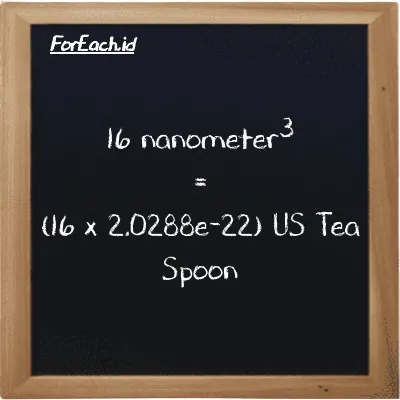 Cara konversi nanometer<sup>3</sup> ke US Tea Spoon (nm<sup>3</sup> ke tsp): 16 nanometer<sup>3</sup> (nm<sup>3</sup>) setara dengan 16 dikalikan dengan 2.0288e-22 US Tea Spoon (tsp)