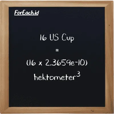Cara konversi US Cup ke hektometer<sup>3</sup> (c ke hm<sup>3</sup>): 16 US Cup (c) setara dengan 16 dikalikan dengan 2.3659e-10 hektometer<sup>3</sup> (hm<sup>3</sup>)