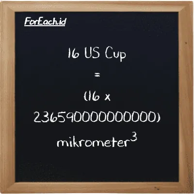Cara konversi US Cup ke mikrometer<sup>3</sup> (c ke µm<sup>3</sup>): 16 US Cup (c) setara dengan 16 dikalikan dengan 236590000000000 mikrometer<sup>3</sup> (µm<sup>3</sup>)