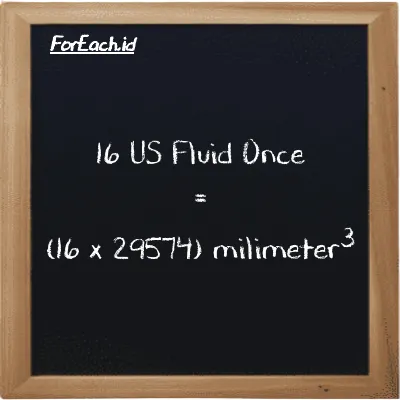 Cara konversi US Fluid Once ke milimeter<sup>3</sup> (fl oz ke mm<sup>3</sup>): 16 US Fluid Once (fl oz) setara dengan 16 dikalikan dengan 29574 milimeter<sup>3</sup> (mm<sup>3</sup>)
