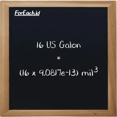 Cara konversi US Galon ke mil<sup>3</sup> (gal ke mi<sup>3</sup>): 16 US Galon (gal) setara dengan 16 dikalikan dengan 9.0817e-13 mil<sup>3</sup> (mi<sup>3</sup>)