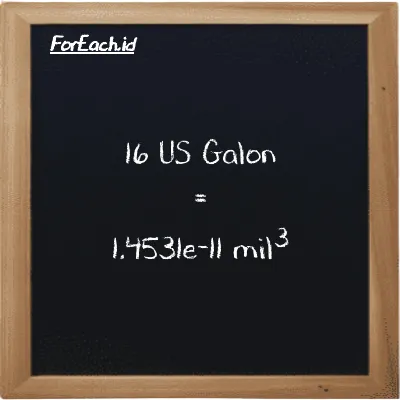 16 US Galon setara dengan 1.4531e-11 mil<sup>3</sup> (16 gal setara dengan 1.4531e-11 mi<sup>3</sup>)