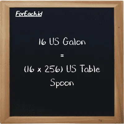Cara konversi US Galon ke US Table Spoon (gal ke tbsp): 16 US Galon (gal) setara dengan 16 dikalikan dengan 256 US Table Spoon (tbsp)