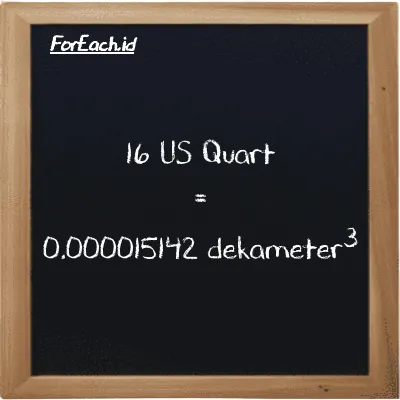 16 US Quart setara dengan 0.000015142 dekameter<sup>3</sup> (16 qt setara dengan 0.000015142 dam<sup>3</sup>)