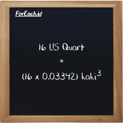 Cara konversi US Quart ke kaki<sup>3</sup> (qt ke ft<sup>3</sup>): 16 US Quart (qt) setara dengan 16 dikalikan dengan 0.03342 kaki<sup>3</sup> (ft<sup>3</sup>)
