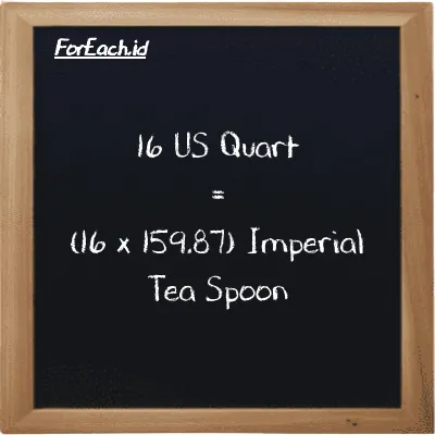 Cara konversi US Quart ke Imperial Tea Spoon (qt ke imp tsp): 16 US Quart (qt) setara dengan 16 dikalikan dengan 159.87 Imperial Tea Spoon (imp tsp)