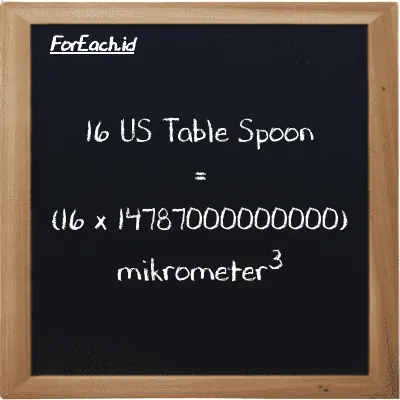 Cara konversi US Table Spoon ke mikrometer<sup>3</sup> (tbsp ke µm<sup>3</sup>): 16 US Table Spoon (tbsp) setara dengan 16 dikalikan dengan 14787000000000 mikrometer<sup>3</sup> (µm<sup>3</sup>)