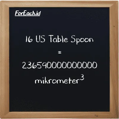 16 US Table Spoon setara dengan 236590000000000 mikrometer<sup>3</sup> (16 tbsp setara dengan 236590000000000 µm<sup>3</sup>)