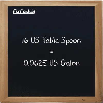 16 US Table Spoon setara dengan 0.0625 US Galon (16 tbsp setara dengan 0.0625 gal)