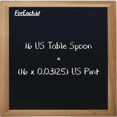 Cara konversi US Table Spoon ke US Pint (tbsp ke pt): 16 US Table Spoon (tbsp) setara dengan 16 dikalikan dengan 0.03125 US Pint (pt)
