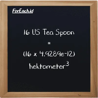 Cara konversi US Tea Spoon ke hektometer<sup>3</sup> (tsp ke hm<sup>3</sup>): 16 US Tea Spoon (tsp) setara dengan 16 dikalikan dengan 4.9289e-12 hektometer<sup>3</sup> (hm<sup>3</sup>)