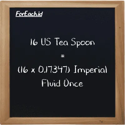 Cara konversi US Tea Spoon ke Imperial Fluid Once (tsp ke imp fl oz): 16 US Tea Spoon (tsp) setara dengan 16 dikalikan dengan 0.17347 Imperial Fluid Once (imp fl oz)