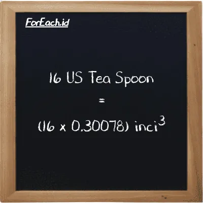 Cara konversi US Tea Spoon ke inci<sup>3</sup> (tsp ke in<sup>3</sup>): 16 US Tea Spoon (tsp) setara dengan 16 dikalikan dengan 0.30078 inci<sup>3</sup> (in<sup>3</sup>)