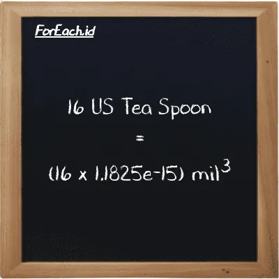 Cara konversi US Tea Spoon ke mil<sup>3</sup> (tsp ke mi<sup>3</sup>): 16 US Tea Spoon (tsp) setara dengan 16 dikalikan dengan 1.1825e-15 mil<sup>3</sup> (mi<sup>3</sup>)