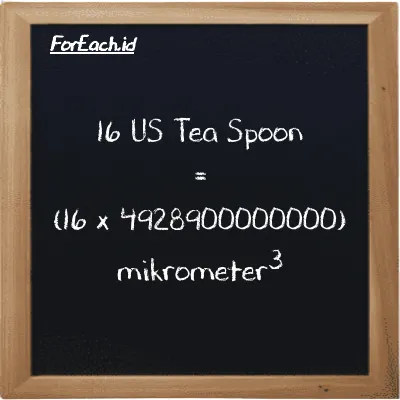 Cara konversi US Tea Spoon ke mikrometer<sup>3</sup> (tsp ke µm<sup>3</sup>): 16 US Tea Spoon (tsp) setara dengan 16 dikalikan dengan 4928900000000 mikrometer<sup>3</sup> (µm<sup>3</sup>)