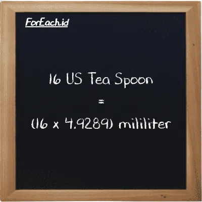Cara konversi US Tea Spoon ke mililiter (tsp ke ml): 16 US Tea Spoon (tsp) setara dengan 16 dikalikan dengan 4.9289 mililiter (ml)
