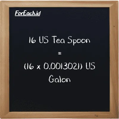 Cara konversi US Tea Spoon ke US Galon (tsp ke gal): 16 US Tea Spoon (tsp) setara dengan 16 dikalikan dengan 0.0013021 US Galon (gal)