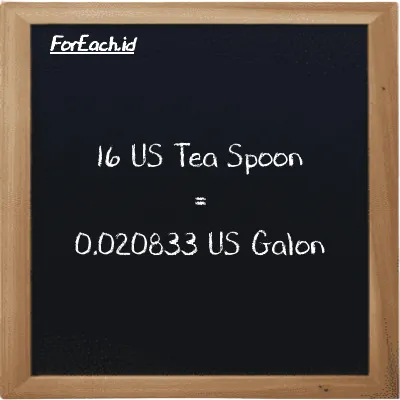 16 US Tea Spoon setara dengan 0.020833 US Galon (16 tsp setara dengan 0.020833 gal)